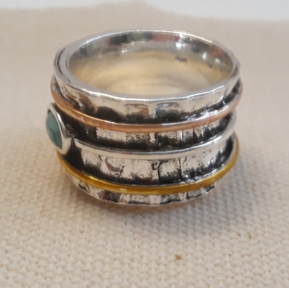 Stacked Sterling Silver/Hammered Turquoise Band Ring (6, 7, 8, 9, 10, 11) - Picture 4 of 7